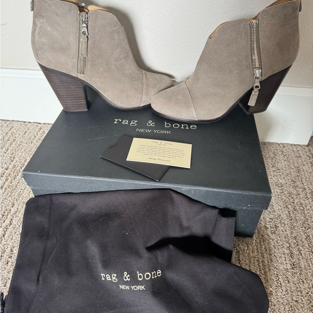 rag & bone Margot Boot Stone Waxy Suede Ankle Booties Stacked Heel and Side Zip